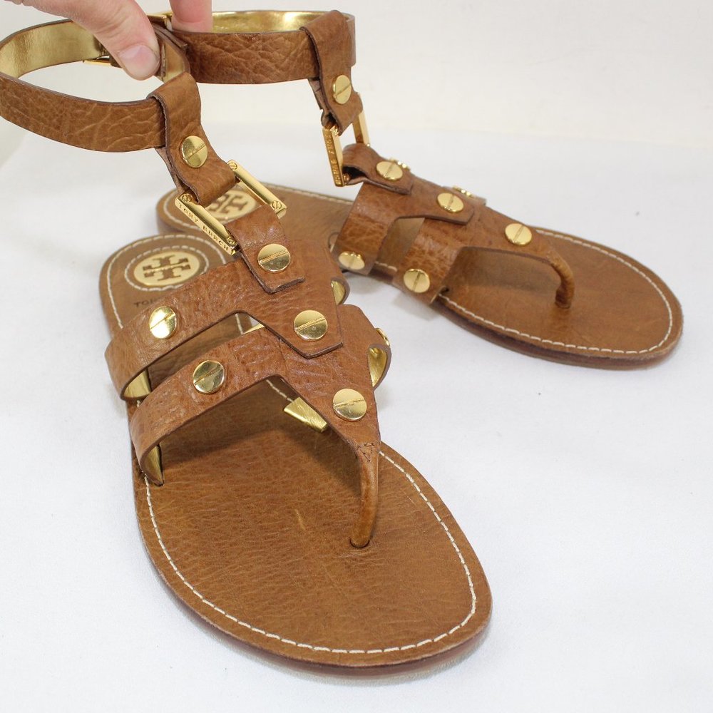 TORY BURCH Ladies Studded Brown Leather Sandals Sz US 9M New